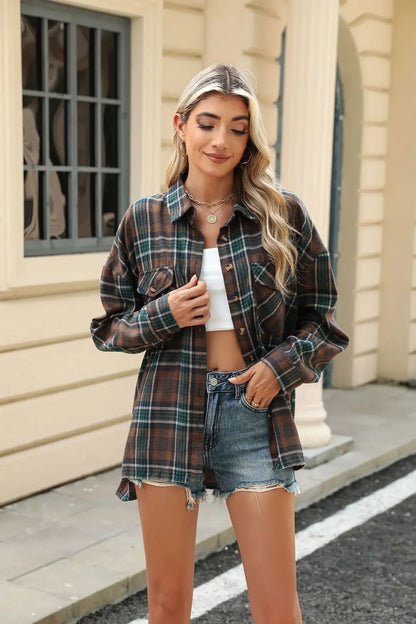 Women Shackets- Laid-back Layers Plaid Shacket- - IndioGear.com