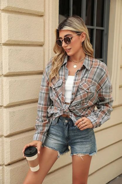 Women Shackets- Laid-back Layers Plaid Shacket- - IndioGear.com