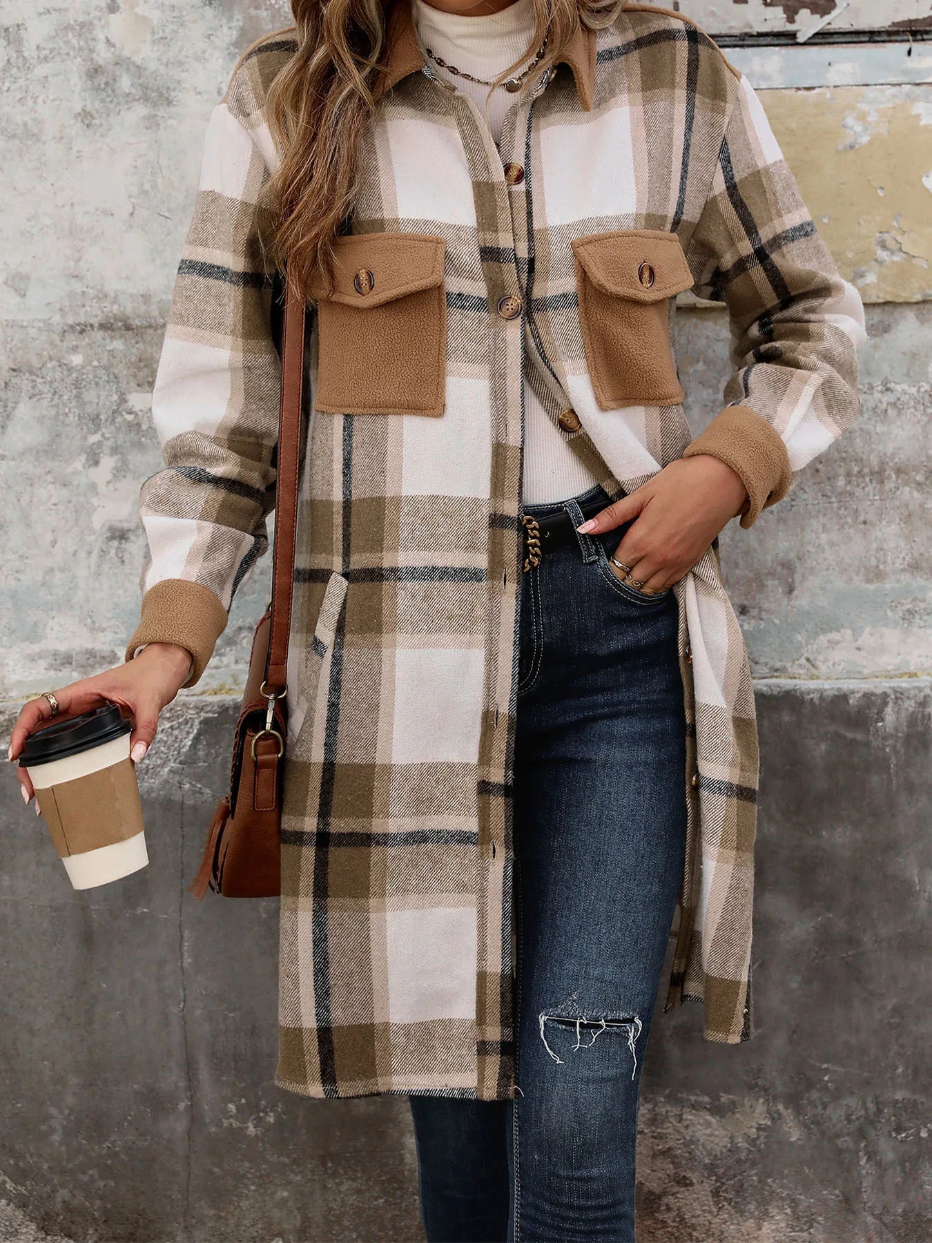 Women Shackets- Long Casual Frosted Plaid Shacket with Contemporary Solid Accents- - IndioGear.com