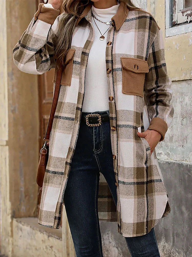 Women Shackets- Long Casual Frosted Plaid Shacket with Contemporary Solid Accents- Coffee- IndioGear.com