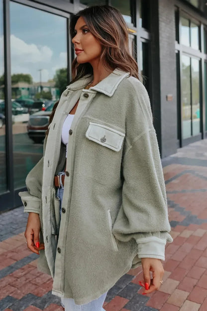 Women Shackets- Oversized Urban Sherpa Layering Shacket- Light Green- IndioGear.com