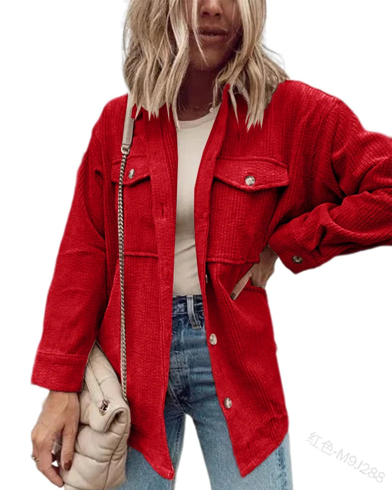 Women Shackets- Urban Layer Corduroy Button-Up - Everyday Style- Red- IndioGear.com