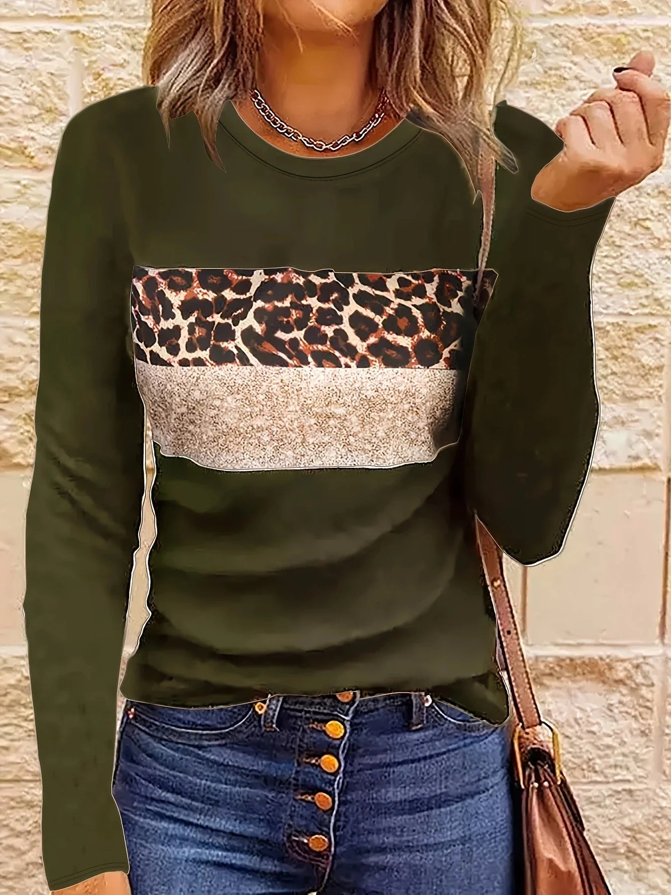 Women Shirts & Tops- Long Sleeve Fashion Leopard Striped T-shirt- Army Green- IndioGear.com