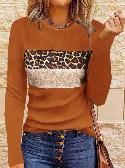 Women Shirts & Tops- Long Sleeve Fashion Leopard Striped T-shirt- Light Brown- IndioGear.com