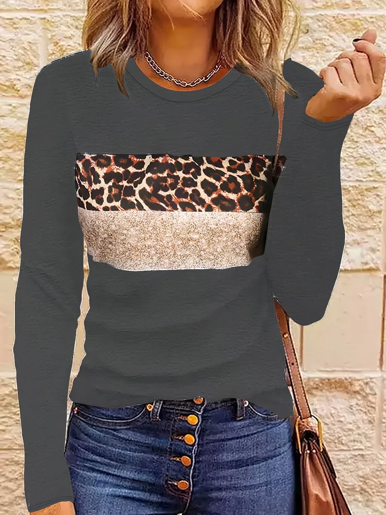 Women Shirts & Tops- Long Sleeve Fashion Leopard Striped T-shirt- Dark Gay- IndioGear.com