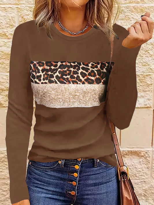 Women Shirts & Tops- Long Sleeve Fashion Leopard Striped T-shirt- Deep Brown- IndioGear.com