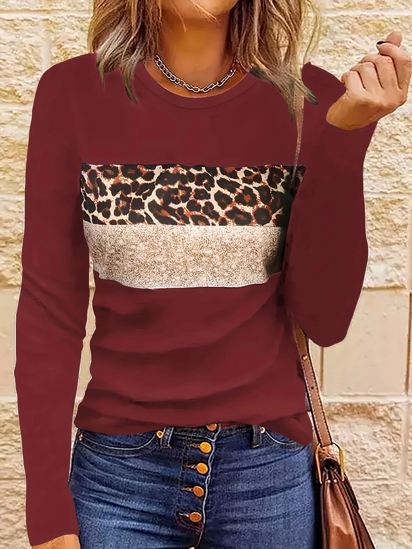 Women Shirts & Tops- Long Sleeve Fashion Leopard Striped T-shirt- Wine Red- IndioGear.com