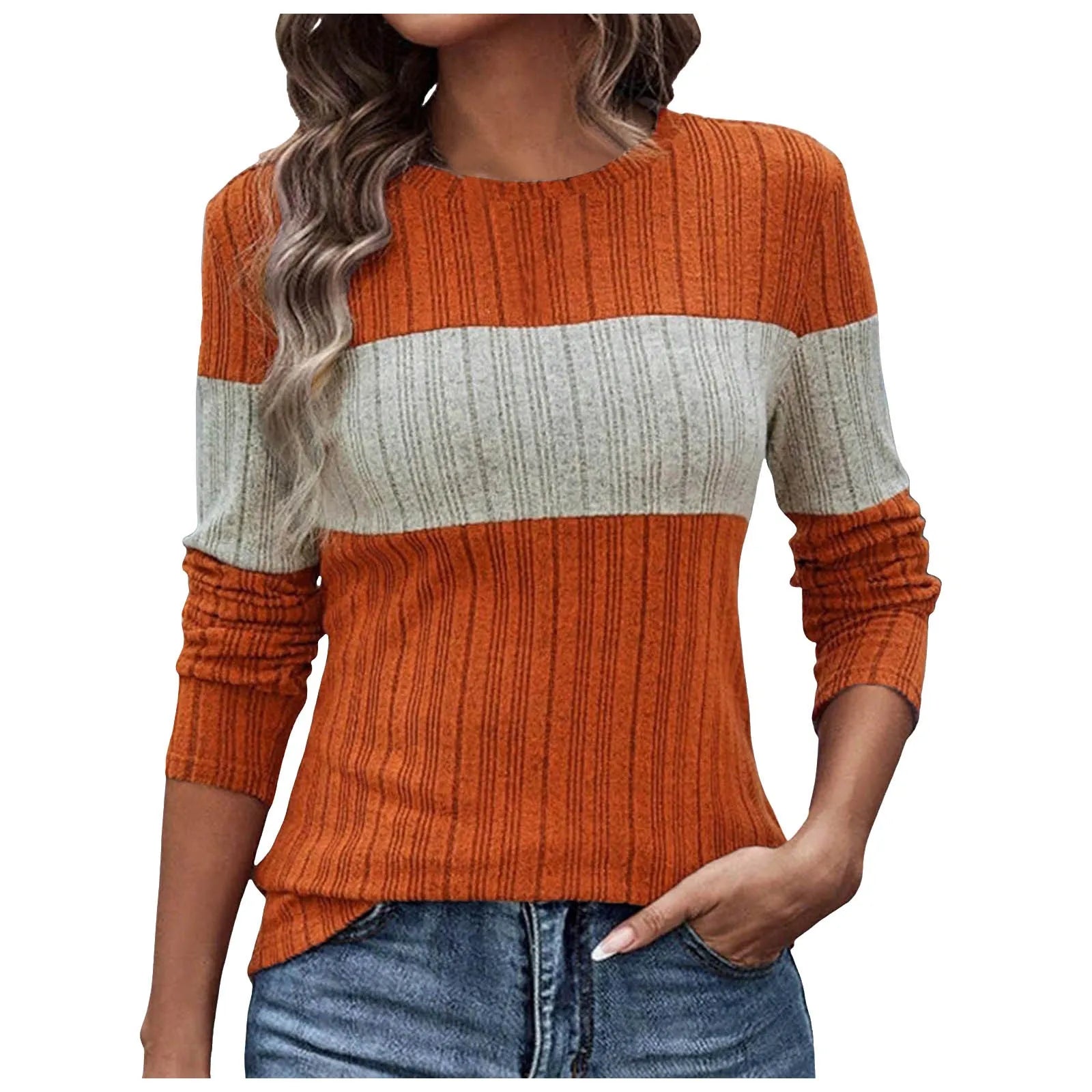 Women Shirts & Tops- Long Sleeve Striped Block Ribbed Smart Top- - IndioGear.com