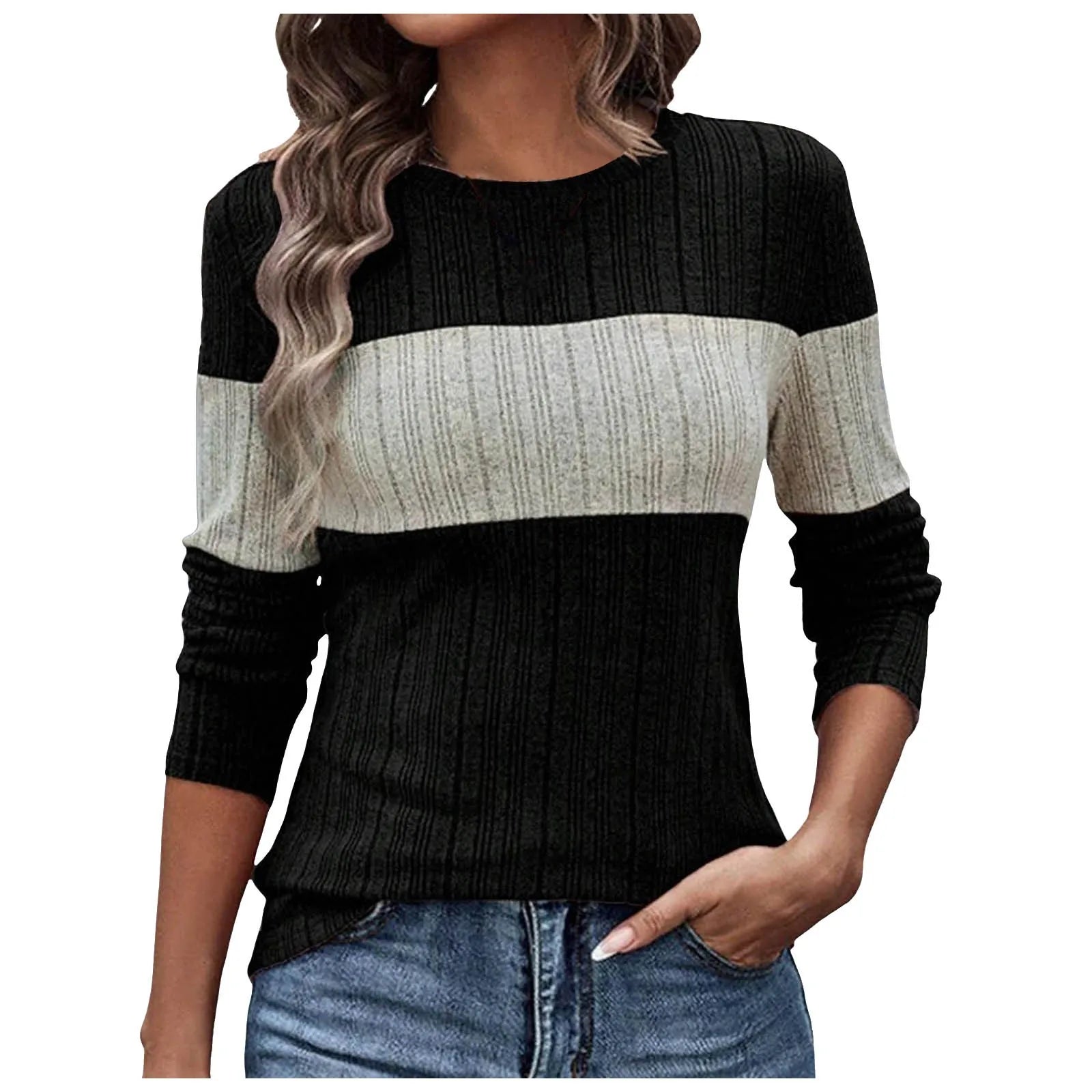 Women Shirts & Tops- Long Sleeve Striped Block Ribbed Smart Top- - IndioGear.com