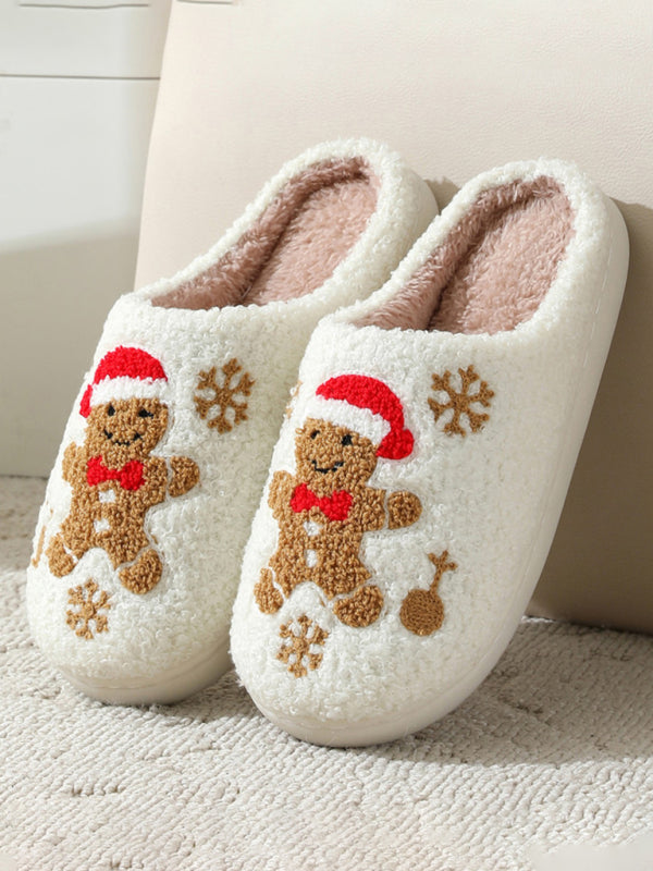 Women Shoes- Plush Christmas Gingerbread Indoor Slippers- White- IndioGear Women Clothing