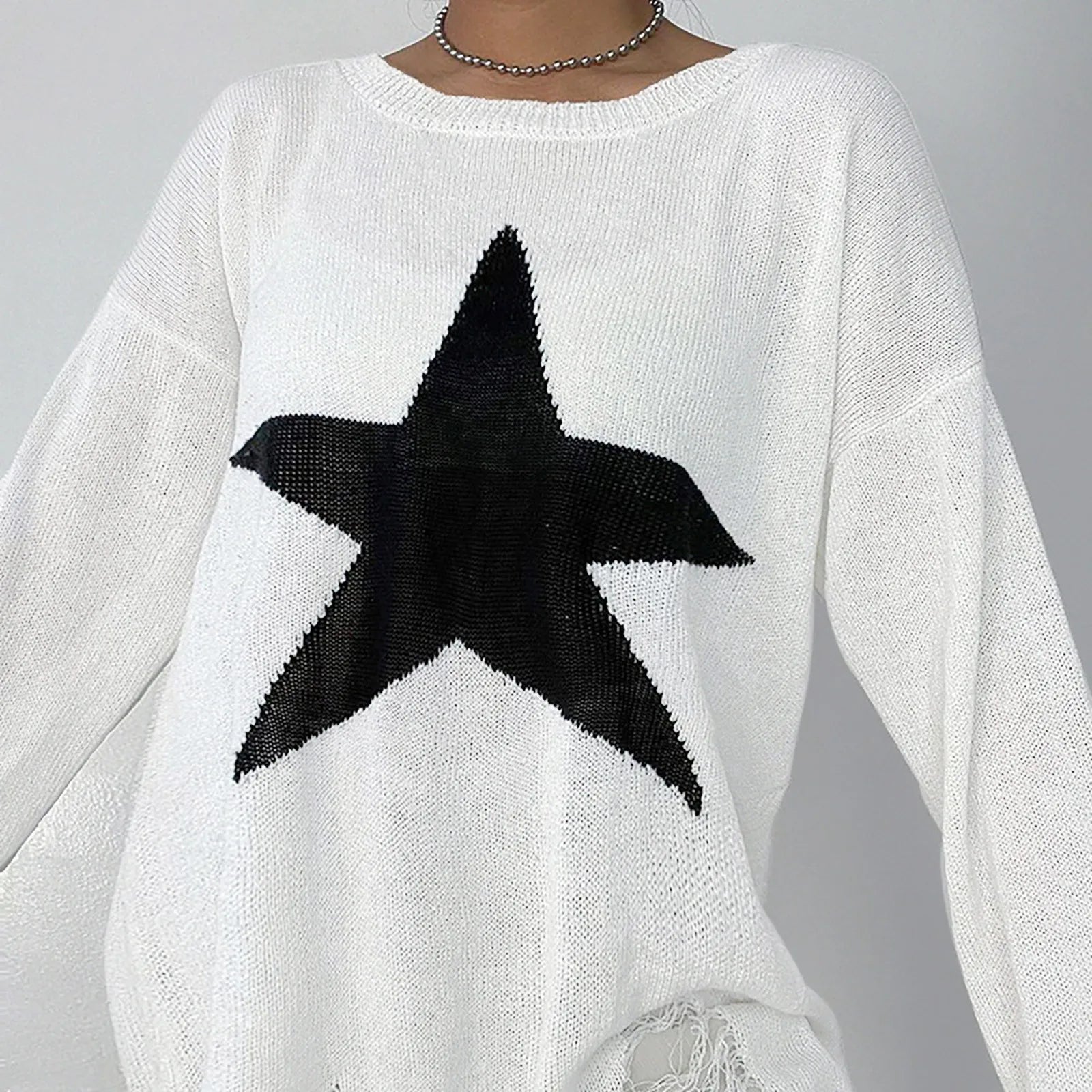 Women Sweaters- Casual Knit Sweater with Bold Double Star Design- - IndioGear.com