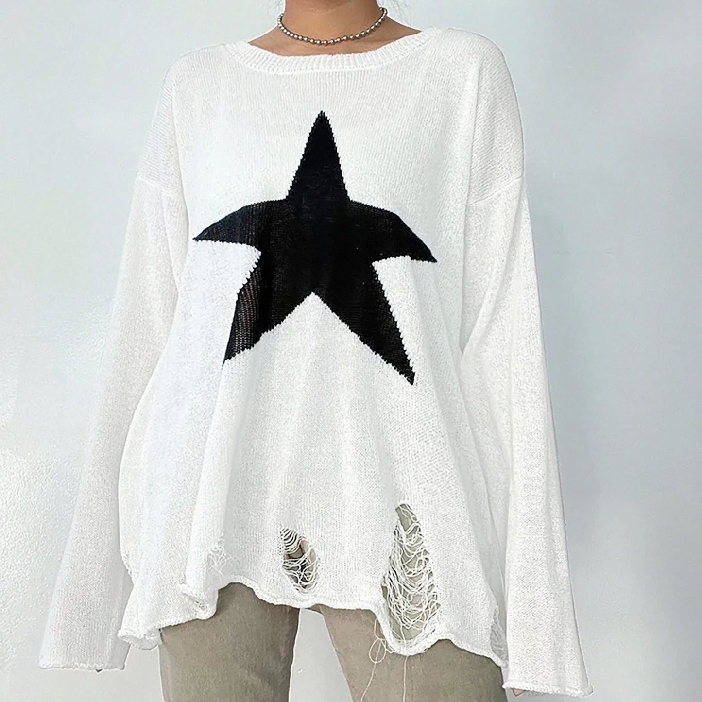 Women Sweaters- Casual Knit Sweater with Bold Double Star Design- White- IndioGear.com