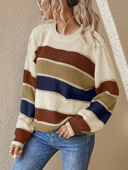 Women Sweaters- Casual Striped Autumn Knitted Sweater- - IndioGear.com