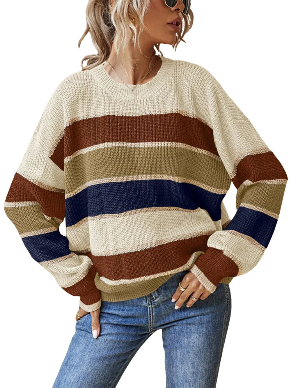 Women Sweaters- Casual Striped Autumn Knitted Sweater- - IndioGear.com