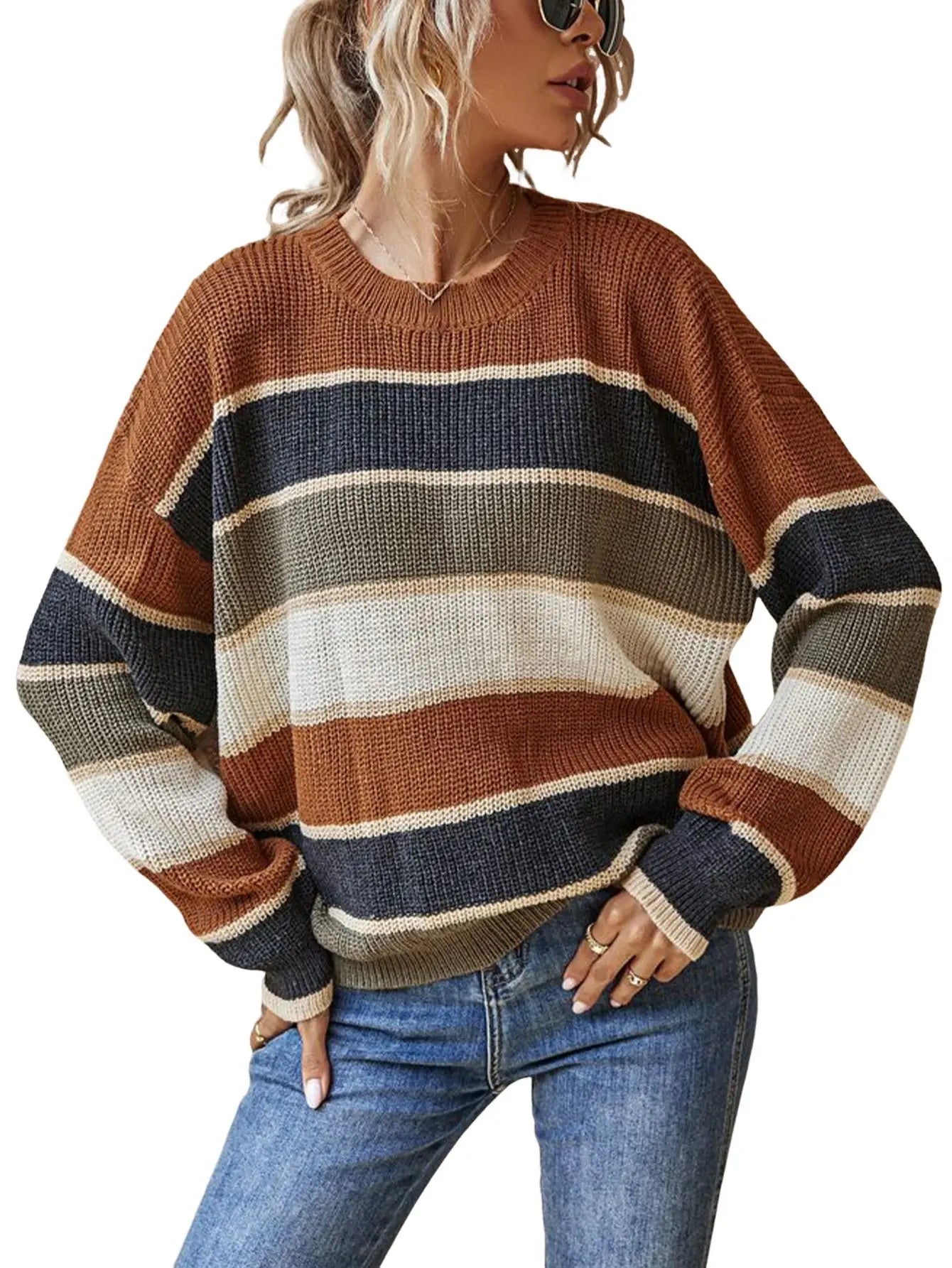 Women Sweaters- Casual Striped Autumn Knitted Sweater- - IndioGear.com