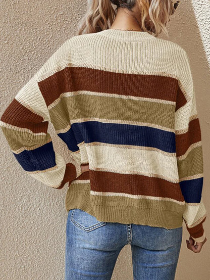 Women Sweaters- Casual Striped Autumn Knitted Sweater- - IndioGear.com