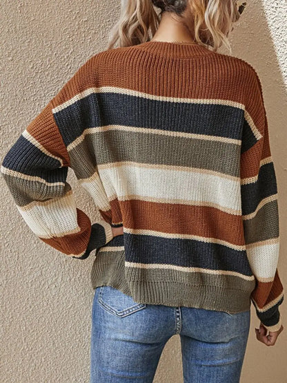 Women Sweaters- Casual Striped Autumn Knitted Sweater- - IndioGear.com