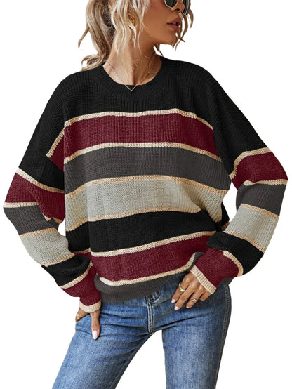 Women Sweaters- Casual Striped Autumn Knitted Sweater- - IndioGear.com