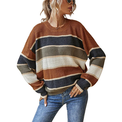 Women Sweaters- Casual Striped Autumn Knitted Sweater- Madeira Brown- IndioGear.com