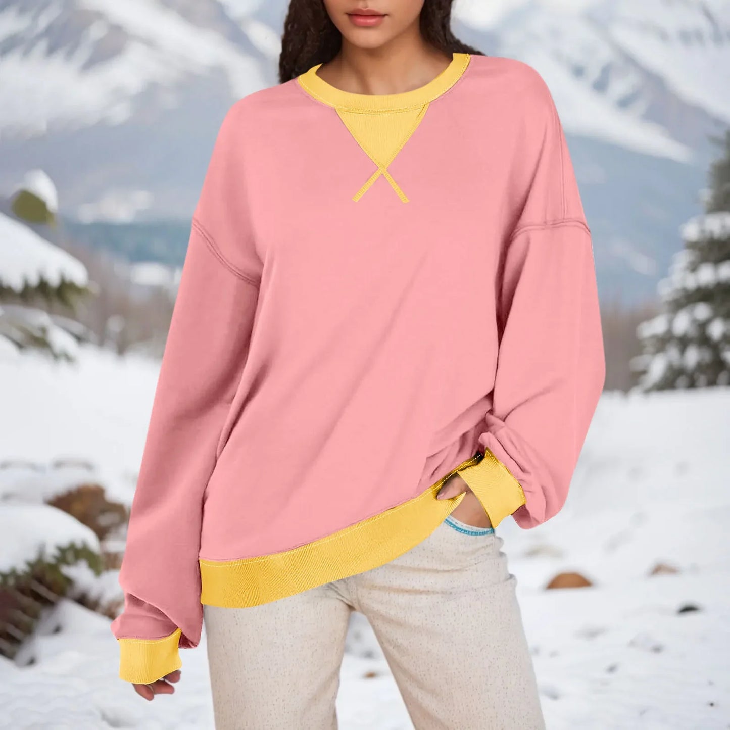 Women Sweaters- Comfy Oversized Pullover with Stylish Ribbed Trim 🎨- Pink- IndioGear.com