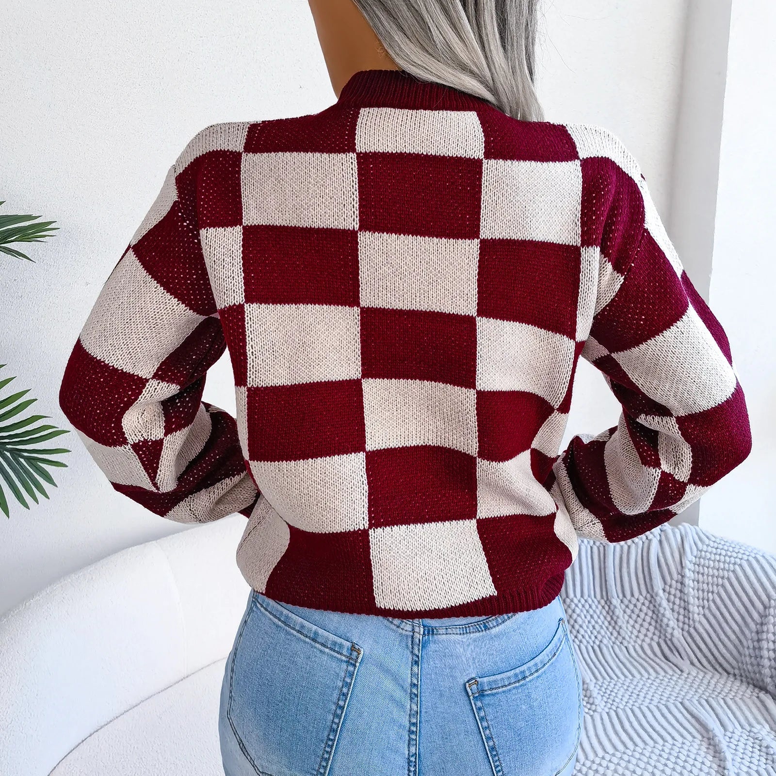 Women Sweaters- Cozy Checkerboard Lantern Sleeve Sweater 🧡- - IndioGear.com