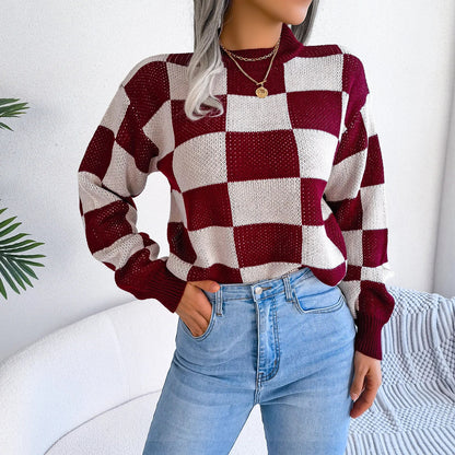 Women Sweaters- Cozy Checkerboard Lantern Sleeve Sweater 🧡- - IndioGear.com