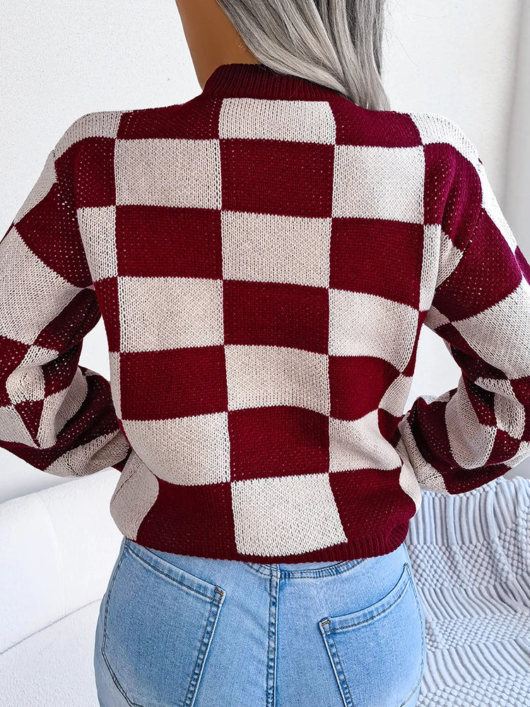 Women Sweaters- Cozy Checkerboard Lantern Sleeve Sweater 🧡- - IndioGear.com