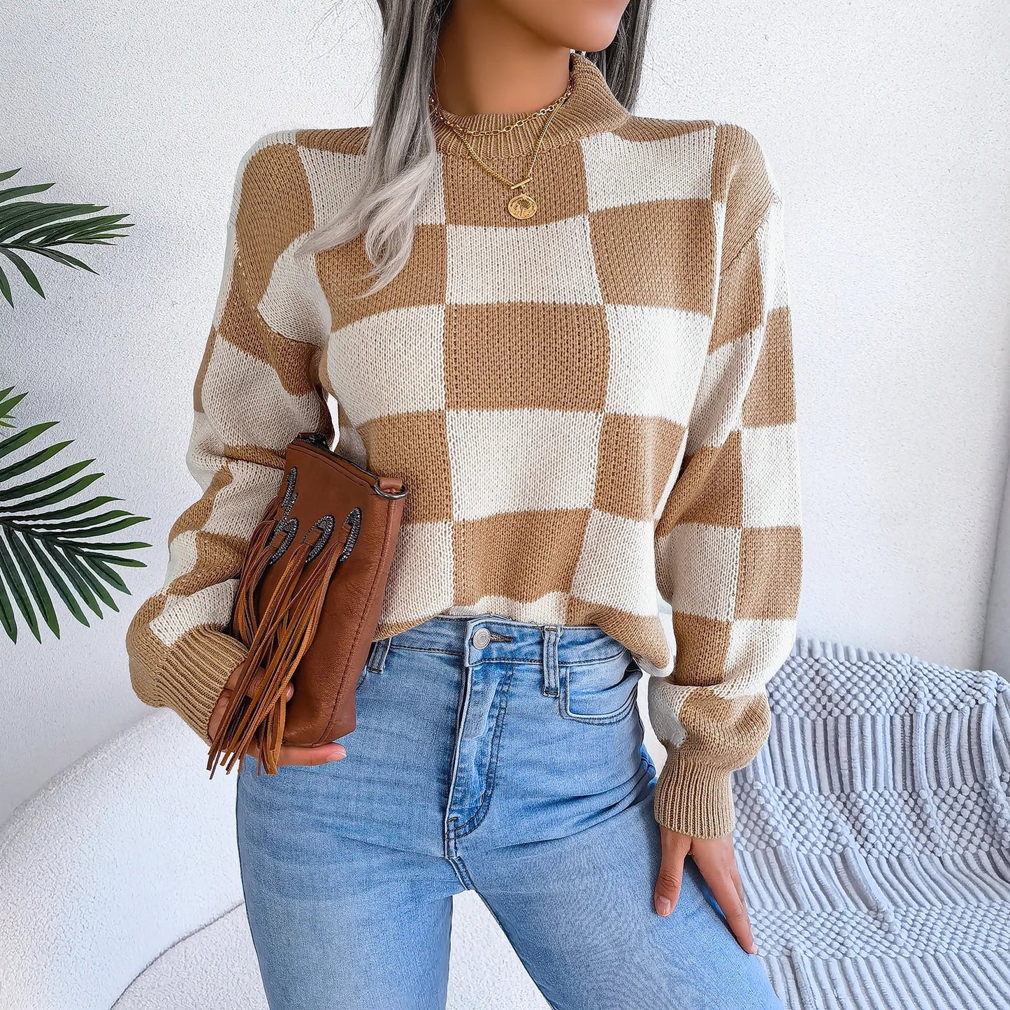 Women Sweaters- Cozy Checkerboard Lantern Sleeve Sweater 🧡- - IndioGear.com