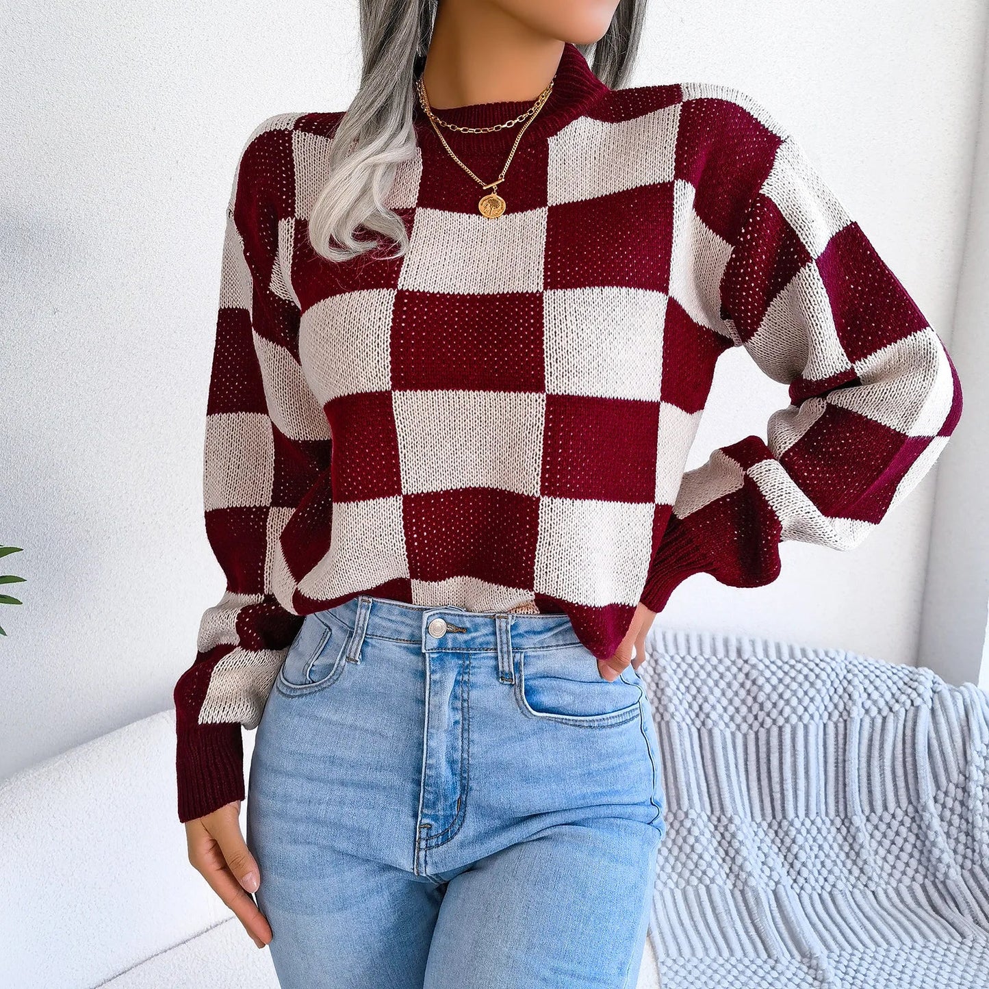 Women Sweaters- Cozy Checkerboard Lantern Sleeve Sweater 🧡- - IndioGear.com