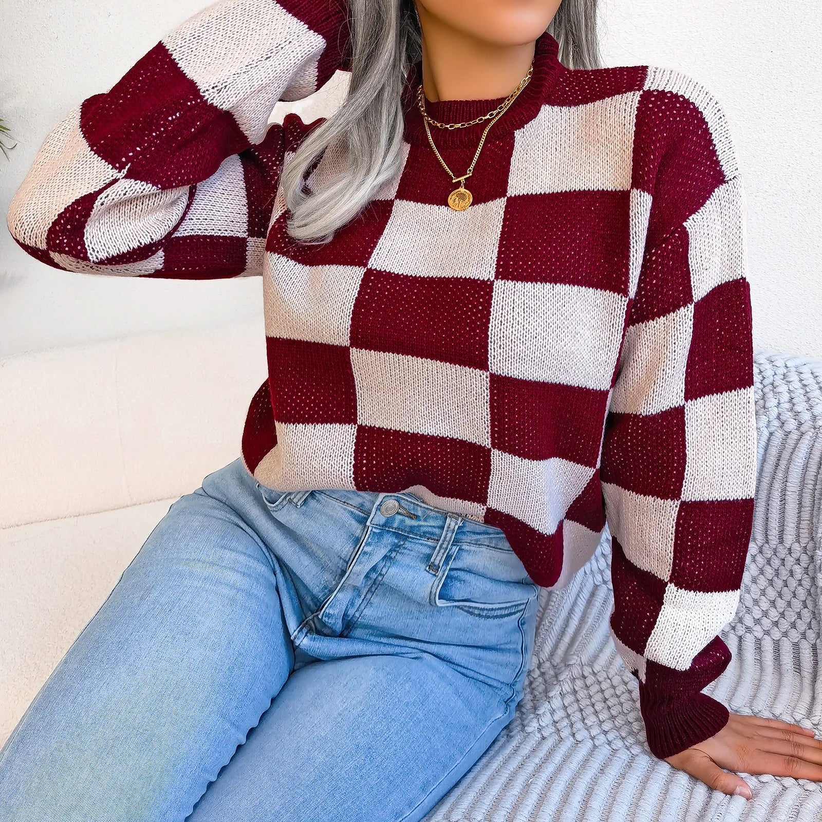 Women Sweaters- Cozy Checkerboard Lantern Sleeve Sweater 🧡- - IndioGear.com