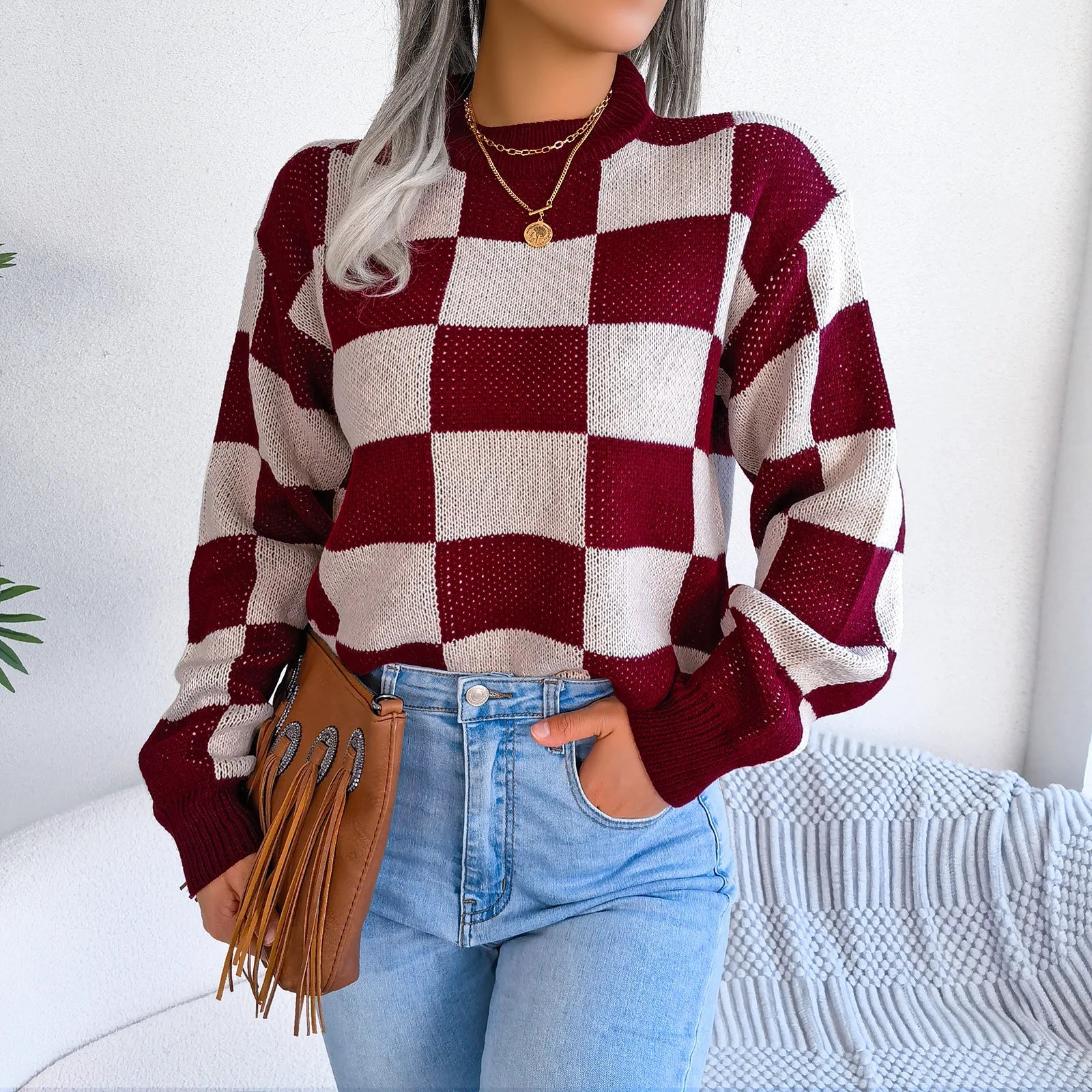 Women Sweaters- Cozy Checkerboard Lantern Sleeve Sweater 🧡- - IndioGear.com