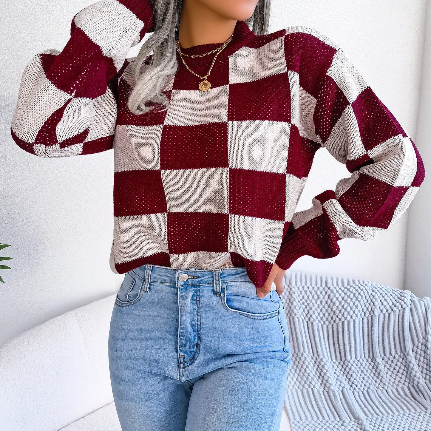 Women Sweaters- Cozy Checkerboard Lantern Sleeve Sweater 🧡- - IndioGear.com