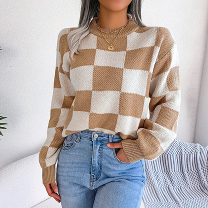 Women Sweaters- Cozy Checkerboard Lantern Sleeve Sweater 🧡- Khaki- IndioGear.com