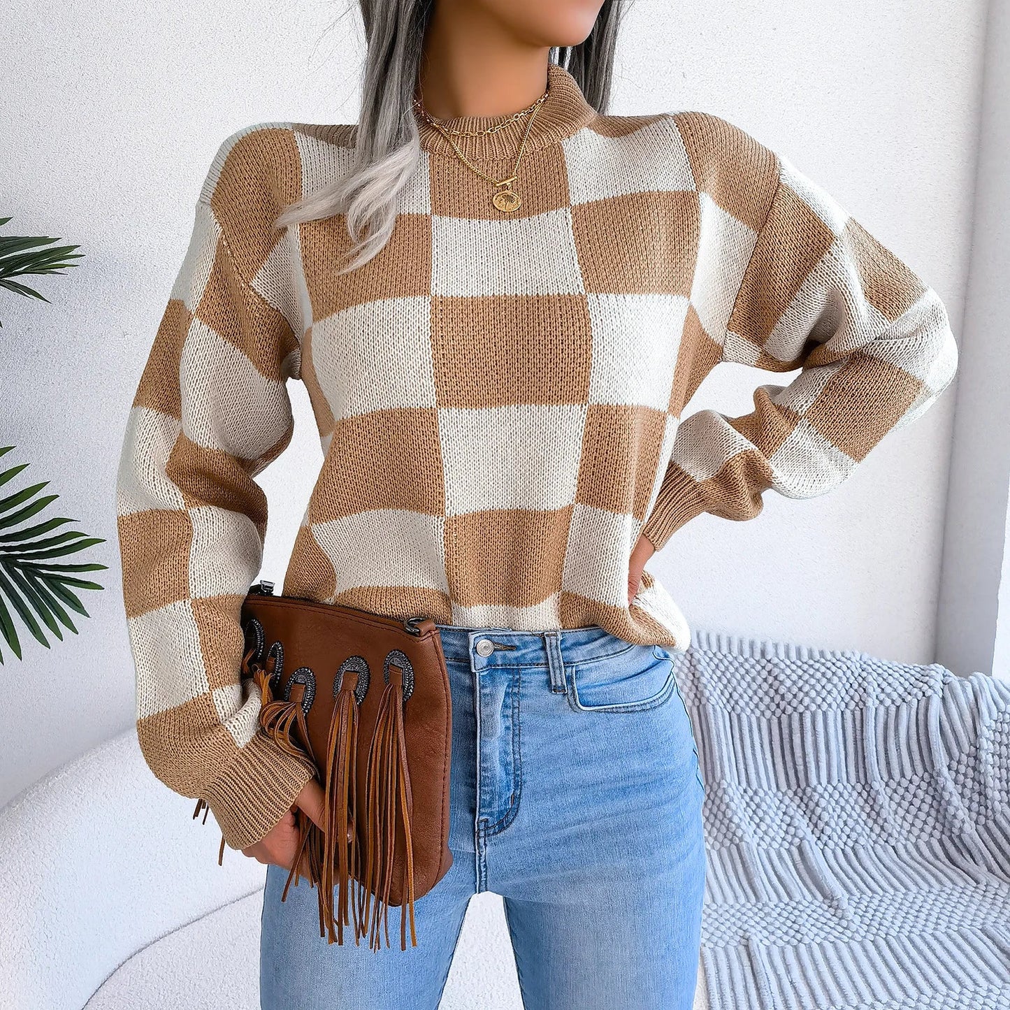 Women Sweaters- Cozy Checkerboard Lantern Sleeve Sweater 🧡- - IndioGear.com