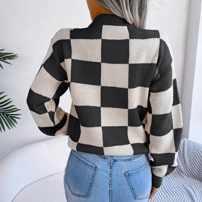 Women Sweaters- Cozy Checkerboard Lantern Sleeve Sweater 🧡- - IndioGear.com