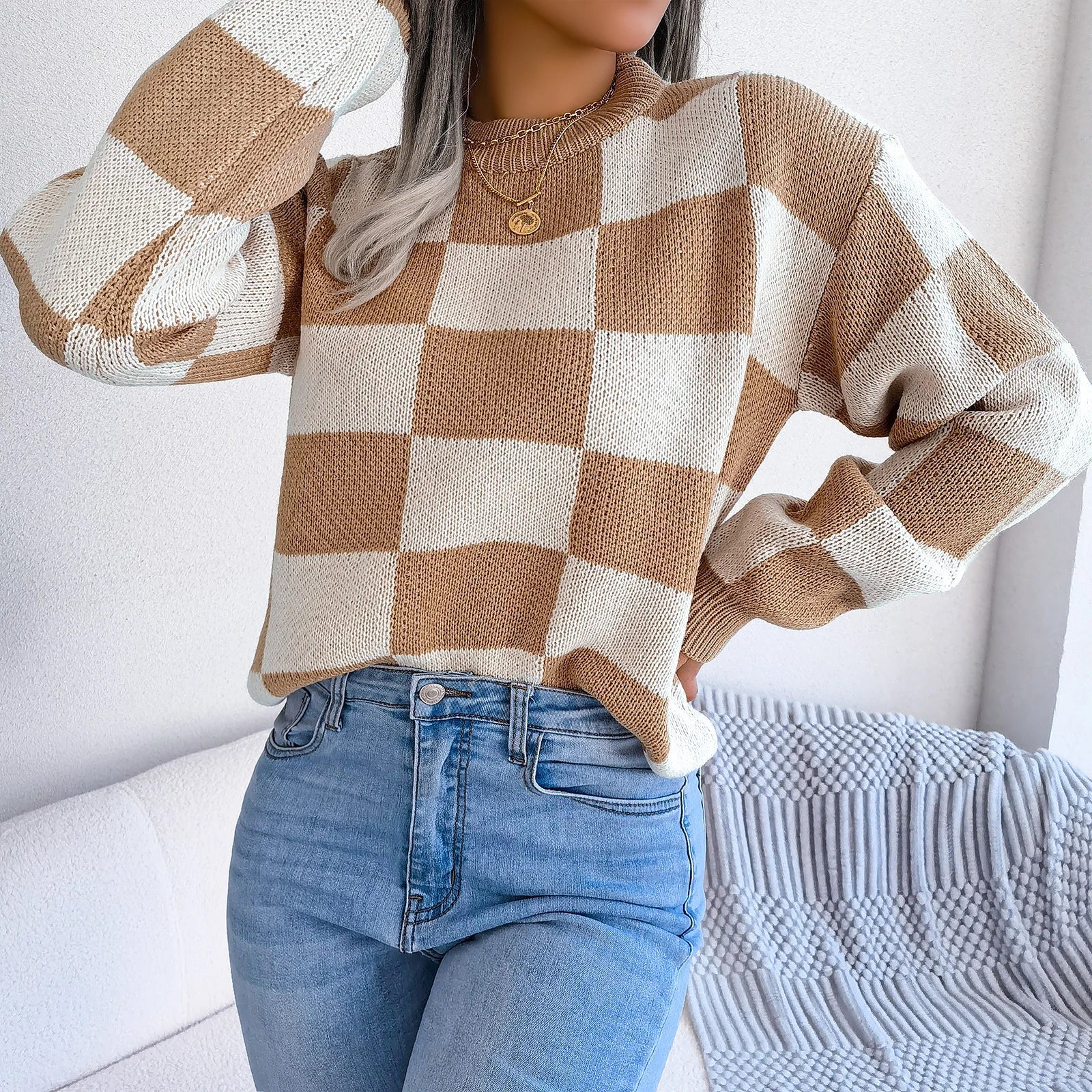 Women Sweaters- Cozy Checkerboard Lantern Sleeve Sweater 🧡- - IndioGear.com