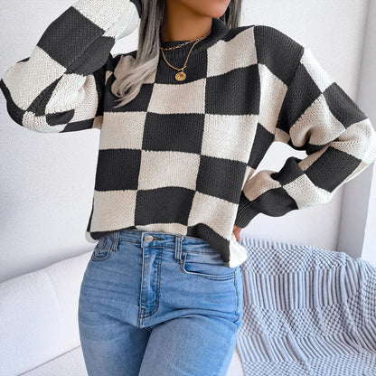 Women Sweaters- Cozy Checkerboard Lantern Sleeve Sweater 🧡- - IndioGear.com