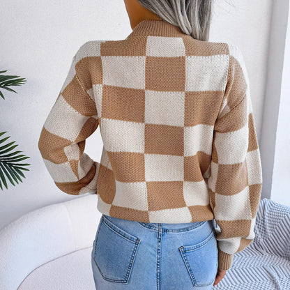 Women Sweaters- Cozy Checkerboard Lantern Sleeve Sweater 🧡- - IndioGear.com