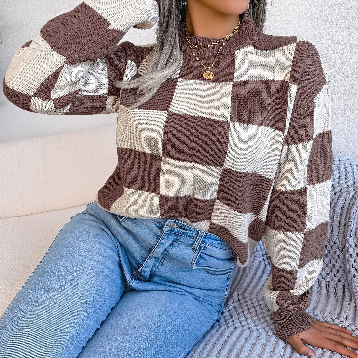 Women Sweaters- Cozy Checkerboard Lantern Sleeve Sweater 🧡- - IndioGear.com