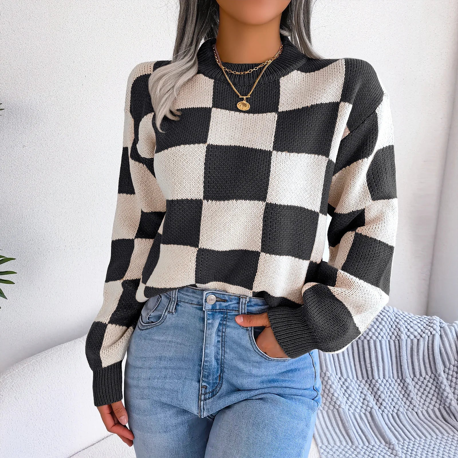 Women Sweaters- Cozy Checkerboard Lantern Sleeve Sweater 🧡- - IndioGear.com