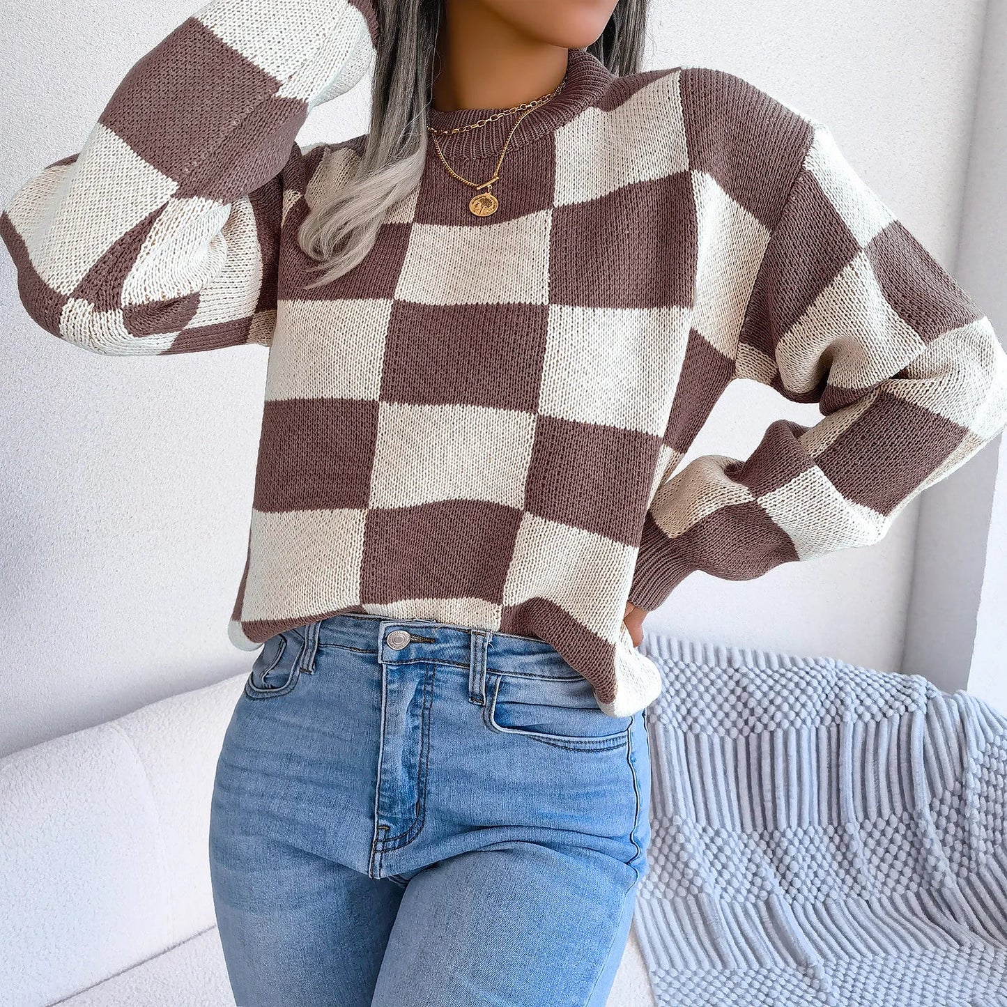 Women Sweaters- Cozy Checkerboard Lantern Sleeve Sweater 🧡- - IndioGear.com