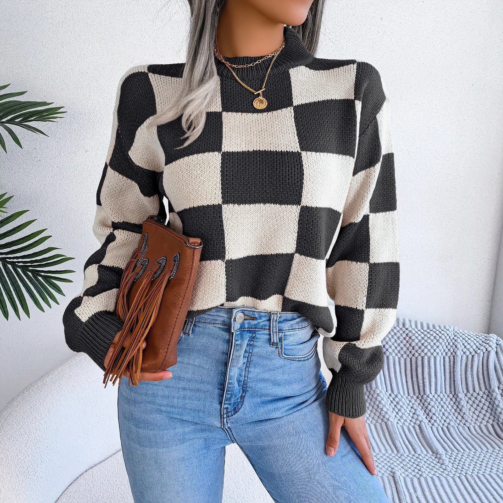 Women Sweaters- Cozy Checkerboard Lantern Sleeve Sweater 🧡- - IndioGear.com