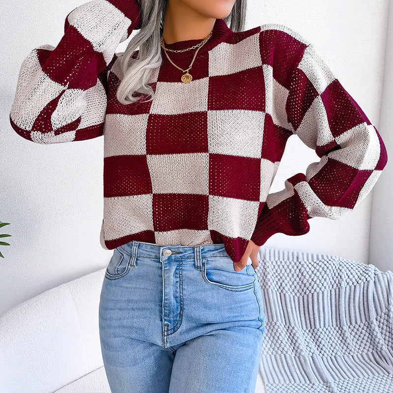 Women Sweaters- Cozy Checkerboard Lantern Sleeve Sweater 🧡- Burgundy- IndioGear.com