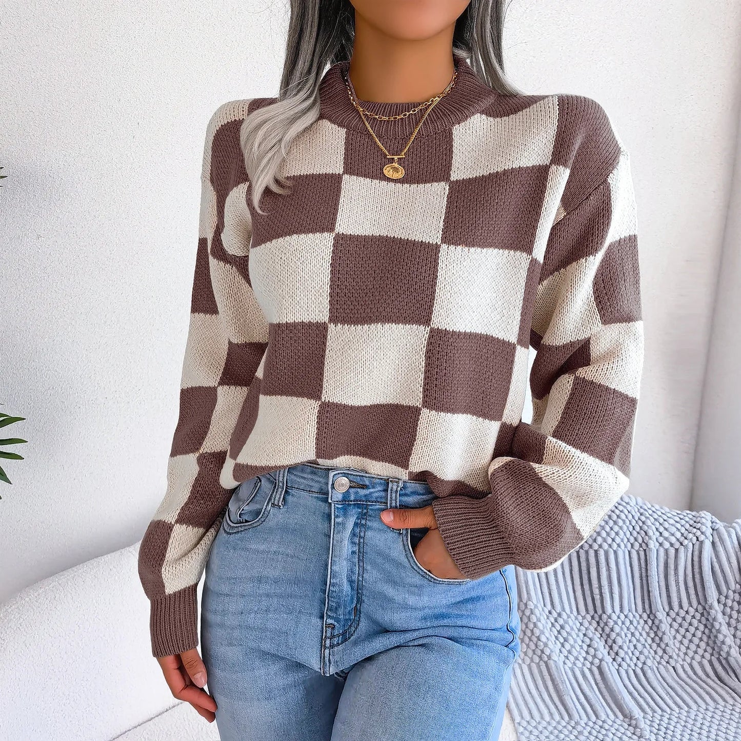 Women Sweaters- Cozy Checkerboard Lantern Sleeve Sweater 🧡- - IndioGear.com