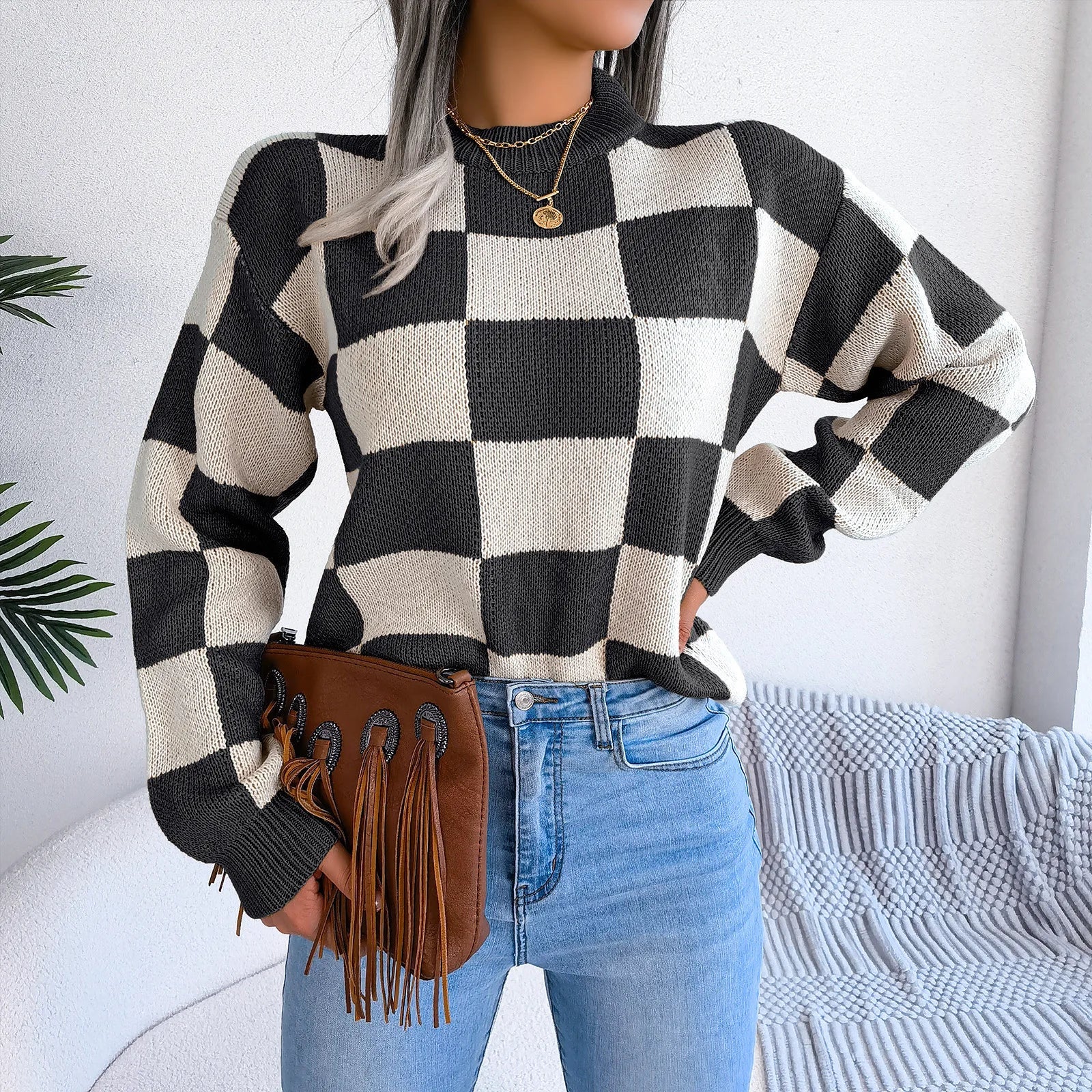 Women Sweaters- Cozy Checkerboard Lantern Sleeve Sweater 🧡- - IndioGear.com