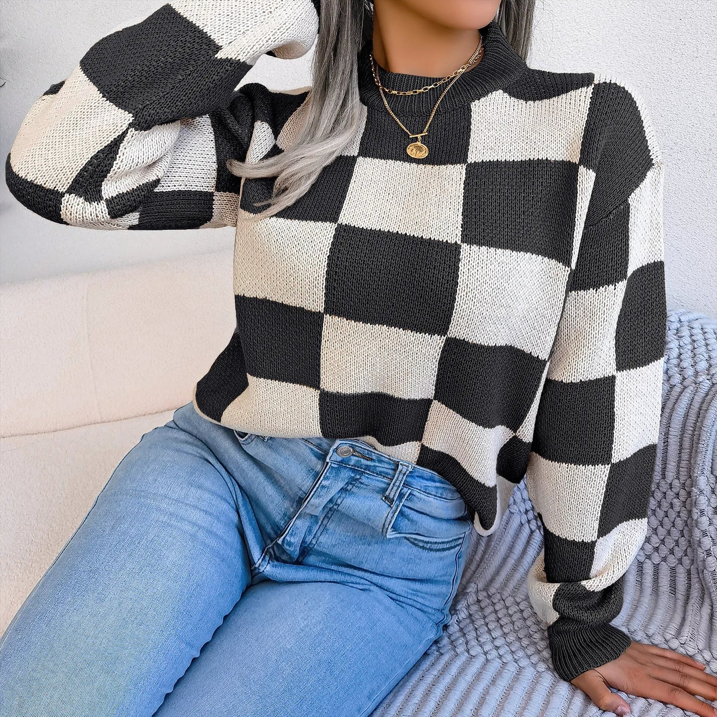 Women Sweaters- Cozy Checkerboard Lantern Sleeve Sweater 🧡- - IndioGear.com