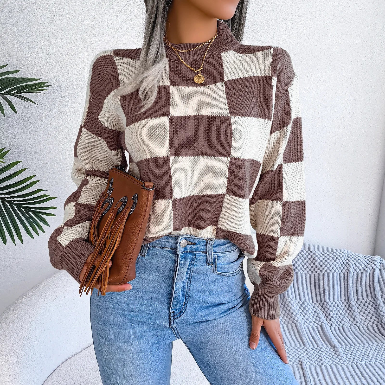 Women Sweaters- Cozy Checkerboard Lantern Sleeve Sweater 🧡- - IndioGear.com