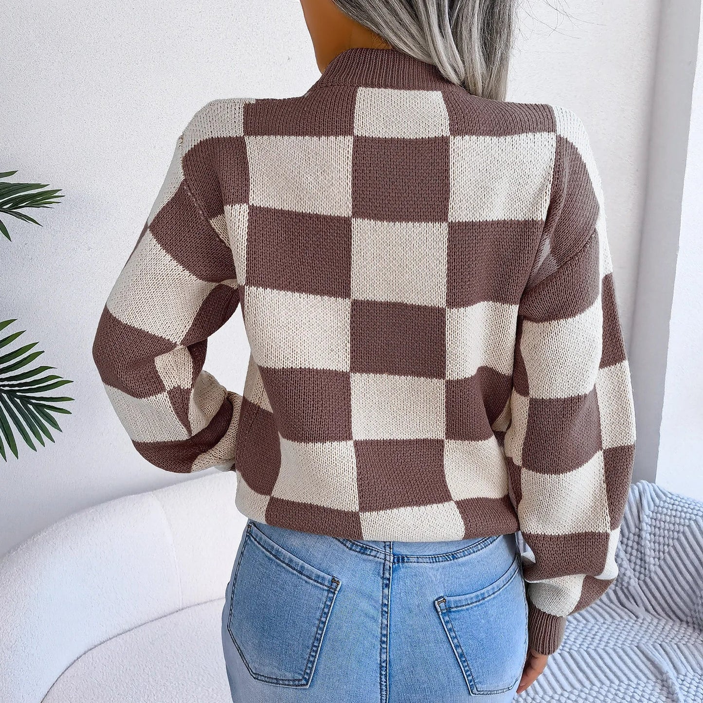 Women Sweaters- Cozy Checkerboard Lantern Sleeve Sweater 🧡- - IndioGear.com