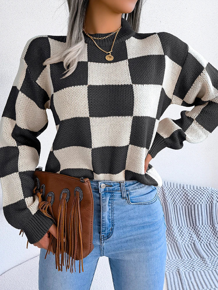 Women Sweaters- Cozy Checkerboard Lantern Sleeve Sweater 🧡- - IndioGear.com