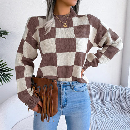 Women Sweaters- Cozy Checkerboard Lantern Sleeve Sweater 🧡- - IndioGear.com